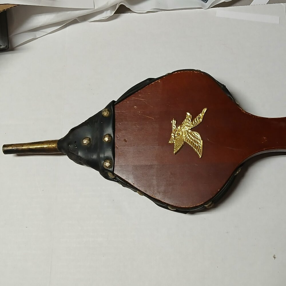 Vintage Wooden Fireplace Bellows w/ Brass Eagle Accent RARE Leather Wood Blower